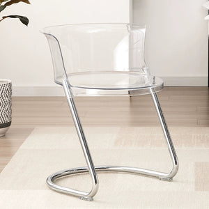 Clear chair with metal legs in a room setting