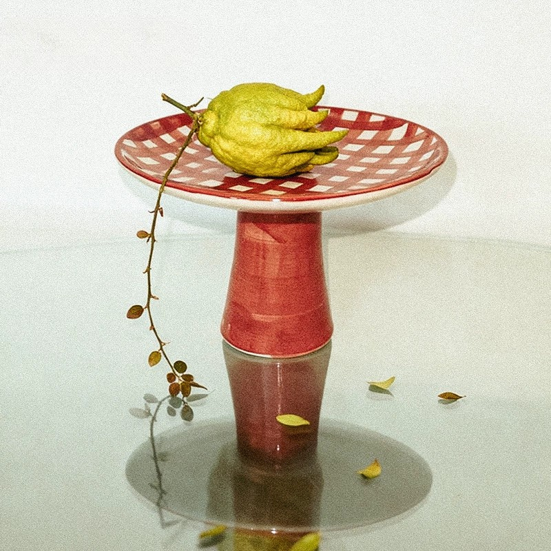 Red Checkered Ceramic Pedestal Stand